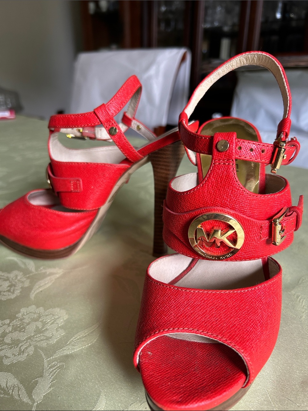 Michael Kors Red Platform Peep-Toe Strappy High Heels - Picture 3 of 11